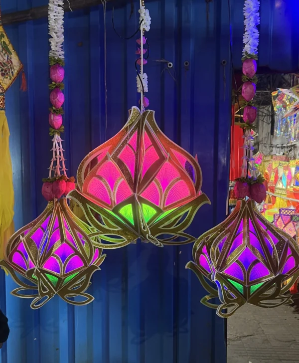 pink lotus with gold border foldable diwali kandil