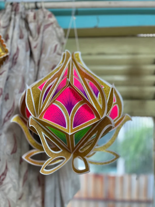 pink lotus with gold border foldable diwali kandil